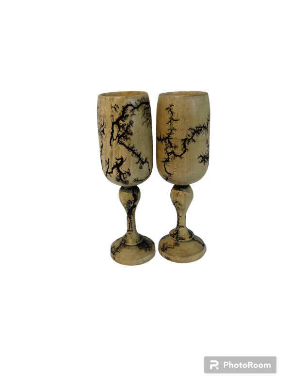 A pair of  turned wooden goblets decorated using fractal burning (H)