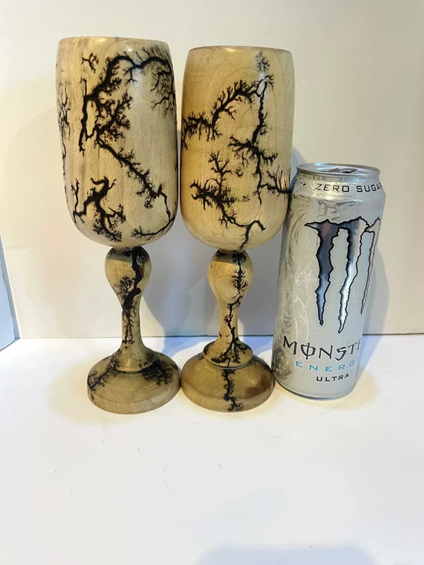 A pair of  turned wooden goblets decorated using fractal burning (H) - Image 2